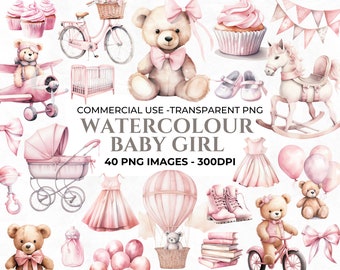 40 Watercolour Baby Shower Clipart, Baby Girl Clipart, Newborn Baby Girl Bundle, Watercolour Nursery Clipart, Commercial Use Images
