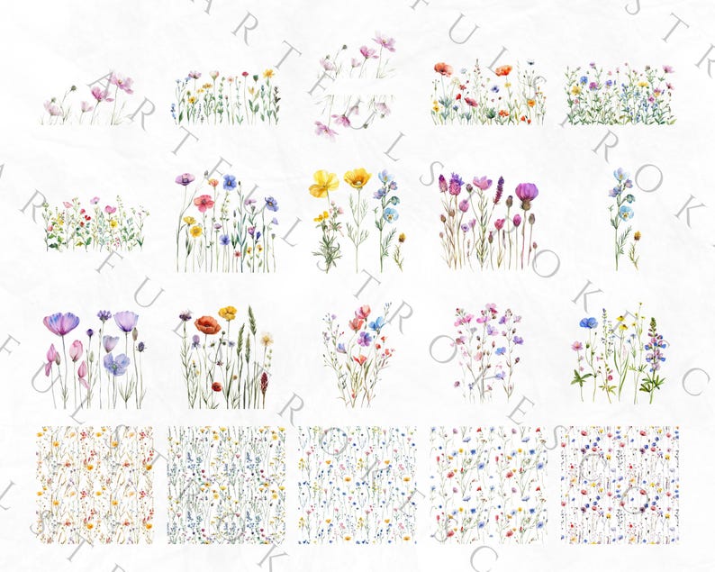 May include: A digital collage of 20 watercolor illustrations of various wildflowers in shades of pink, purple, blue, yellow, and red. The flowers are arranged in a grid pattern on a white background.