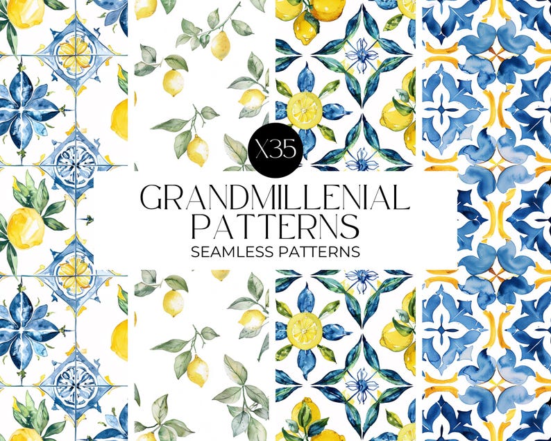 Watercolour Mediterranean Lemons Seamless Pattern, Lemon Clipart, Digital Papers, Repeating Pattern, Fruit Seamless Paper PNG, Commercial image 5