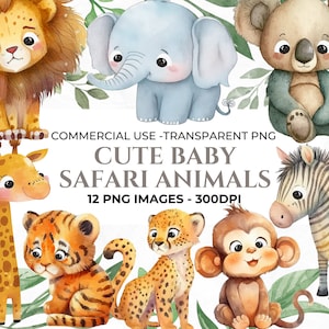 12 clipart de animais de safári para bebês, clipart em aquarela, clipart de berçário, pacote PNG de animais de bebê, clipart comercial, clipart de safári fofo