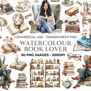 50 Aquarell Buch Clipart, Clipart Buchliebhaber, Zurück in der Schule, Lesen PNG, Bücherwurm, Bildung Clipart, Kommerziell Clipart