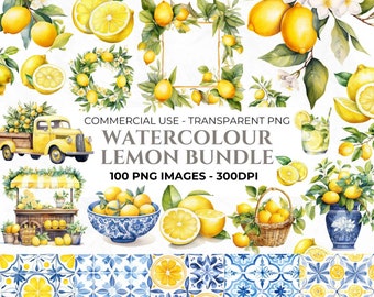 100 Watercolor Lemon Clipart, Fruit Clipart, Lemon PNG Bundle, Watercolour Lemon Wreath, Mediterranean Tile, Commercial, Instant Download