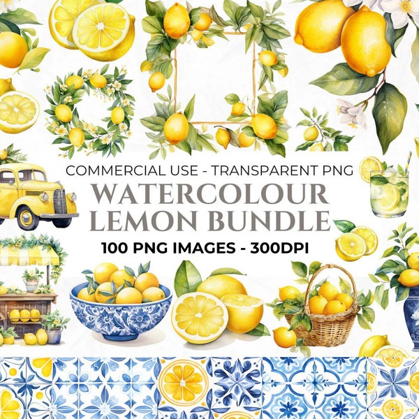 100 Aquarell-Zitronen-Cliparts, Obst-Cliparts, Zitronen-PNG-Bundle, Aquarell-Zitronenkranz, mediterrane Fliese, kommerziell, sofortiger Download