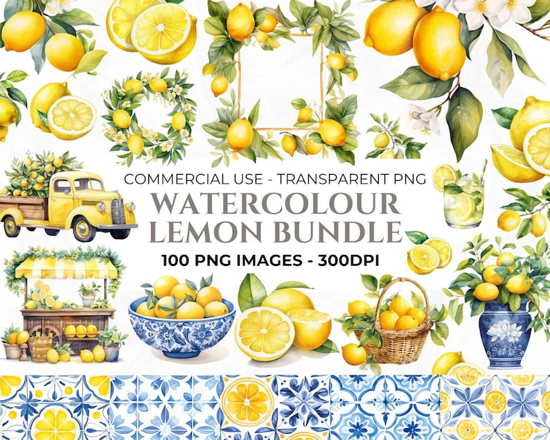 Clipart de limón en acuarela, clipart de fruta, paquete PNG de limón picante, corona de limón en acuarela, azulejo mediterráneo, italiano, uso comercial imagen 1