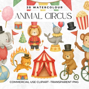 Puede incluir: Ilustración en acuarela de animales de circo, incluyendo un elefante, un león, una foca, un oso y un mono. La imagen también presenta una carpa de circo, palomitas de maíz y otros elementos temáticos. El texto dice "20 Watercolour Animal Circus".