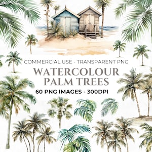 60 Palm Trees Clipart, Elementy zaproszeń ślubnych, Destination Wedding Clipart, Akwarelowe palmy, Plaża PNG, Wykorzystanie komercyjne