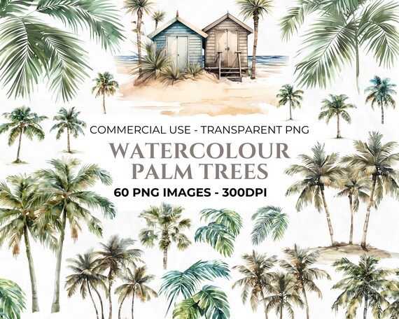 60 Palm Trees Clipart, Elements for Wedding Invitations, Destination Wedding Clipart, Watercolour Palm Trees, Beach PNG, Commercial Use