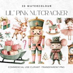 Quebra-nozes rosa clipart de natal, Natal rosa, artesanato de natal, rato, cavalo de balanço, aquarela, bailarina, relógio de pêndulo, presente
