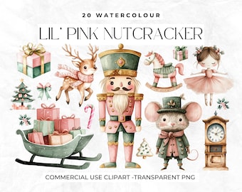 Pink Nutcracker Christmas Clipart, Pink Xmas, Christmas Crafts, Mouse, Rocking Horse, Watercolour, Ballet Dancer, Grandfather Clock, Present