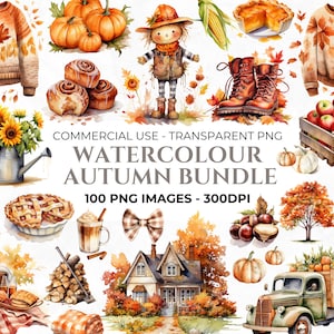 100 Watercolour Autumn Clipart, Cozy Fall Clipart Bundle, Cozy Clipart,Halloween Season PNG, Pumpkin Clipart, Commercial Use PNG