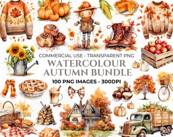 May include: A watercolor illustration set featuring autumnal elements, including pumpkins, leaves, a scarecrow, a house, a truck, a bicycle, a pie, cinnamon rolls, a watering can, sunflowers, and a bow. The set includes 100 PNG images at 300 DPI.  COMMERCIAL USE - TRANSPARENT PNG WATERCOLOUR AUTUMN BUNDLE 100 PNG IMAGES - 300DPI