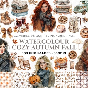 100 clipart de outono em aquarela, clipart de outono, pacote aconchegante de outono PNG, abóbora em aquarela, cottagecore, comercial, download instantâneo
