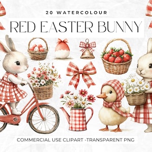 Clipart de Páscoa em aquarela, coelho vermelho PNG, ovos de Páscoa, diário de lixo, clipart de primavera, coelho boho PNG, coelho guingão, clipart comercial