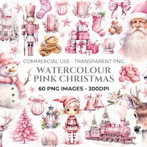 60 Pink Christmas PNG Clipart, Watercolour Pink Christmas, Elements for Christmas Crafts, Junk Journal, Neutral Christmas, Commercial Use