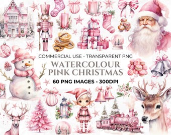 60 Pink Christmas PNG Clipart, Watercolour Pink Christmas, Elements for Christmas Crafts, Junk Journal, Neutral Christmas, Commercial Use