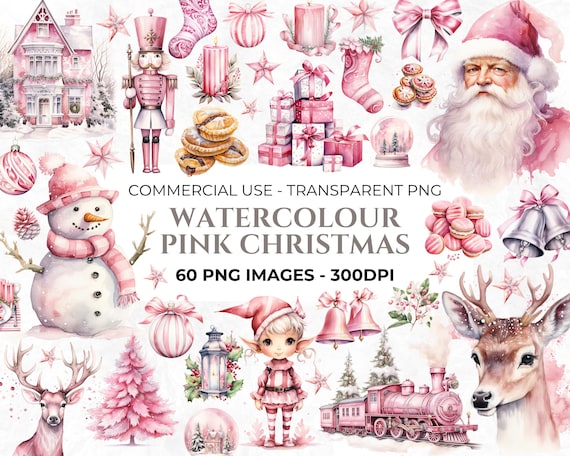 60 Pink Christmas PNG Clipart, Watercolour Pink Christmas, Elements for Christmas Crafts, Junk Journal, Neutral Christmas, Commercial Use