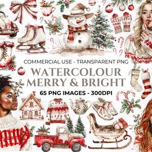 65 Clipart di Natale ad acquerello, Clipart di bastoncini di zucchero, Pacchetto PNG di Natale rosso e bianco, Inverno accogliente, Natale accogliente, Ornamenti, Commerciale