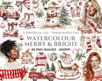 65 Watercolour Christmas Clipart, Candy Canes Clipart, Red and White Christmas PNG Bundle, Cozy Winter, Cozy Xmas, Ornaments, Commercial