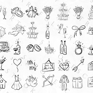 Puede incluir: Un conjunto de 25 ilustraciones de tem&aacute;tica nupcial en blanco y negro. Las ilustraciones incluyen una iglesia, un pastel de bodas, copas de champ&aacute;n, anillos de boda, un ramo de flores, una c&aacute;mara, un globo en forma de coraz&oacute;n, un coche, un vestido, un lazo, una l&aacute;mpara de ara&ntilde;a, un anillo de diamantes, una copa de martini, un par de palomas, una flecha, un cartel que dice "Just Married", y m&aacute;s.