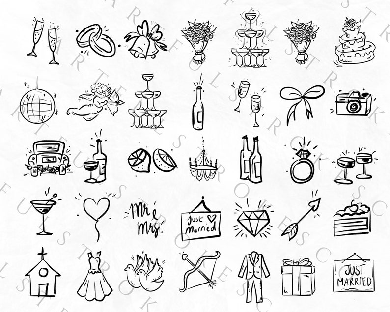 Puede incluir: Un conjunto de 25 ilustraciones de tem&aacute;tica nupcial en blanco y negro. Las ilustraciones incluyen una iglesia, un pastel de bodas, copas de champ&aacute;n, anillos de boda, un ramo de flores, una c&aacute;mara, un globo en forma de coraz&oacute;n, un coche, un vestido, un lazo, una l&aacute;mpara de ara&ntilde;a, un anillo de diamantes, una copa de martini, un par de palomas, una flecha, un cartel que dice "Just Married", y m&aacute;s.