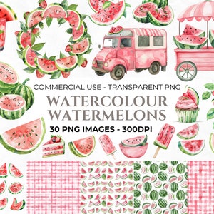 30 Aquarell Wassermelone Clipart, Obst Clipart, Gingham Druck, Wassermelone PNG, Baby Beere, Baby-Dusche Clipart, Clipart für kommerzielle Nutzung