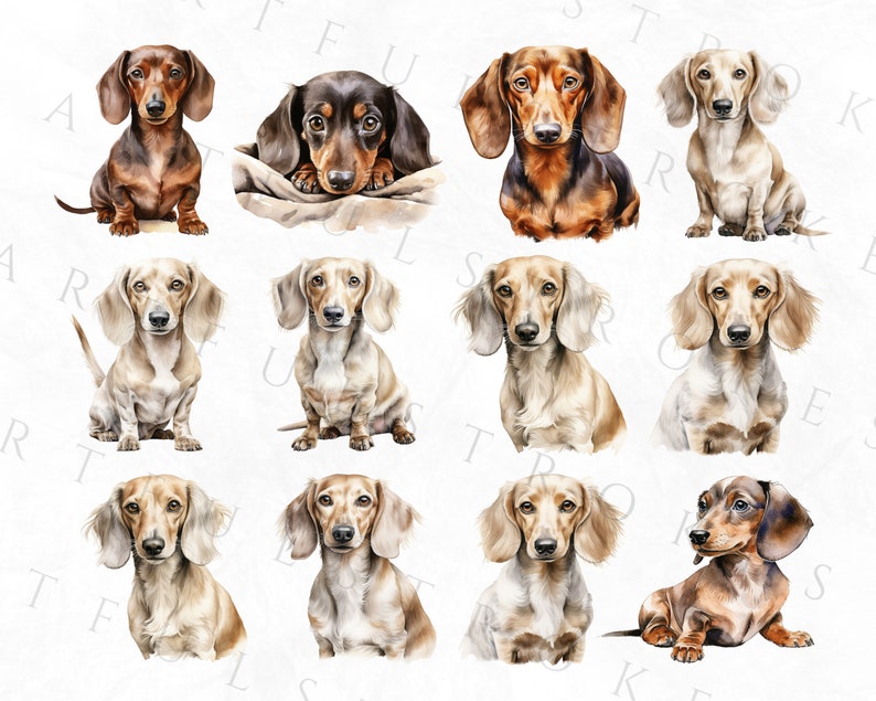May include: A collection of twelve watercolor paintings of dachshund dogs in various poses. The dogs are depicted in shades of brown, black, and white.