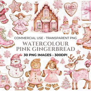 30 Pink Gingerbread Clipart, Watercolour Gingerbread Cookie PNG, Christmas Cookie Bundle, Clipart PNG, Commercial Use, Instant Download