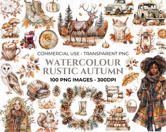 May include: A set of 100 watercolor illustrations featuring rustic autumn elements. The illustrations include a deer, owl, squirrel, mushrooms, pumpkins, leaves, boots, a lantern, a mug, a bench, a book stack, a basket, a woman, and more.  COMMERCIAL USE - TRANSPARENT PNG 100 PNG IMAGES - 300DPI