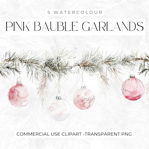 Aquarell Rosa Weihnachtsgirlanden, Weihnachtsbaum Clipart, Rosa Weihnachten PNG Bundle, Kugeln, Girly Weihnachten, Girlande, Kommerziell