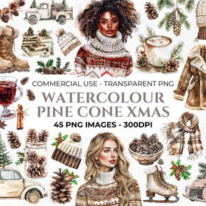 45 cliparts aquarelles de pommes de pin de Noël, feuillage de Noël, branches de pommes de pin, bohème, rustique, couronne, botanique d'hiver, usage commercial