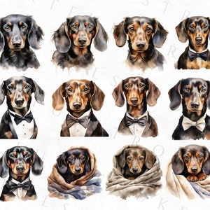 May include: A digital painting of ten dachshund dogs in various poses. Some are wearing bow ties and some are wrapped in blankets. The dogs are all painted in a watercolor style.
