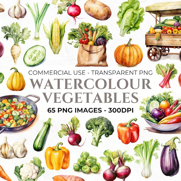 65 Watercolour Vegetable Clipart, Veg Clipart, Food PNG, Menu Clipart, Recipe Clipart PNG, Tomato, Peppers, Junk Journal PNG, Commercial Use