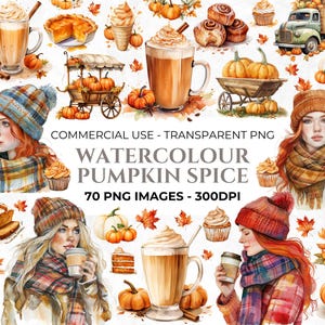 70 cliparts aquarelle citrouille épice, clipart tarte au potiron, clipart automne, café, latte au potiron PNG, usage commercial, fond Transparent