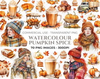 70 Clipart di spezie di zucca ad acquerello, Clipart di torta di zucca, Clipart autunnale, Caffè, Latte di zucca PNG, Uso commerciale, Sfondo trasparente