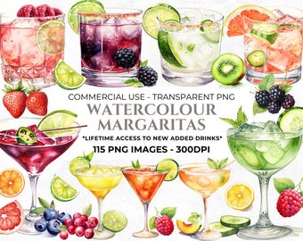 115 Watercolour Margaritas Clipart, Cocktails, Mixology, Transparent Background, Celebration Clipart, Margaritas, Commercial Clipart
