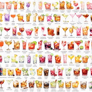 Puede incluir: Un gr&aacute;fico colorido de 100 bebidas de c&oacute;ctel diferentes, cada una ilustrada con una pintura de acuarela de un vaso lleno de un c&oacute;ctel diferente. Los nombres de cada c&oacute;ctel se enumeran debajo de cada imagen.