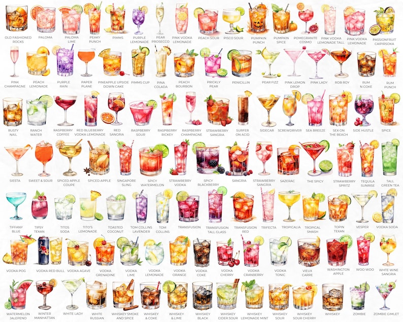 Puede incluir: Un gr&aacute;fico colorido de 100 bebidas de c&oacute;ctel diferentes, cada una ilustrada con una pintura de acuarela de un vaso lleno de un c&oacute;ctel diferente. Los nombres de cada c&oacute;ctel se enumeran debajo de cada imagen.