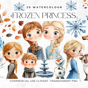 Aquarell Frozen Clipart, süsse Prinzessin, Eiskönigin, Winter, Kinderzimmer, Geburtstag, Journal, Anna, Olaf, Kristoff, Sven, Kommerzielle Nutzung Bilder