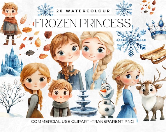 Watercolour Frozen Clipart, Cute Princess, Ice Queen, Winter Nursery, Birthday, Journal, Anna, Olaf, Kristoff, Sven, Commercial Use Images