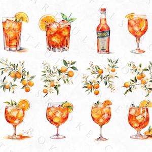 K&ouml;nnte beinhalten: Aquarell-Illustration von Aperol Spritz Cocktails mit Orangenscheiben und Eisw&uuml;rfeln. Die Illustration zeigt auch eine Flasche Aperol und Orangenbl&uuml;tenzweige mit Orangenfr&uuml;chten.
