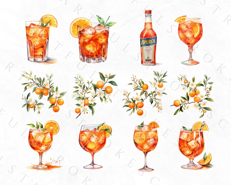K&ouml;nnte beinhalten: Aquarell-Illustration von Aperol Spritz Cocktails mit Orangenscheiben und Eisw&uuml;rfeln. Die Illustration zeigt auch eine Flasche Aperol und Orangenbl&uuml;tenzweige mit Orangenfr&uuml;chten.
