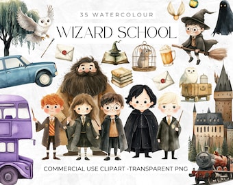35 Watercolour Wizard School Clipart, Cute Wizard, Witch, Owl, Wizard World, Magic Clipart, Cute, Magical, Potions, Commercial Use Images