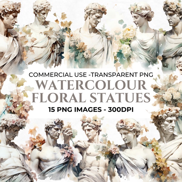 15 Watercolour Roman Statues Clipart, Rome PNG, Floral Ancient Statues, Greek Mythology, Marble Statue, Aesthetic Clipart, Commercial Use
