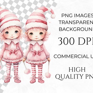 May include: Watercolor illustration of two adorable elf-like figures in pink outfits and striped hats. The image includes text: PNG Images, Transparent Background, 300 DPI, Commercial Use, High Quality PNG.