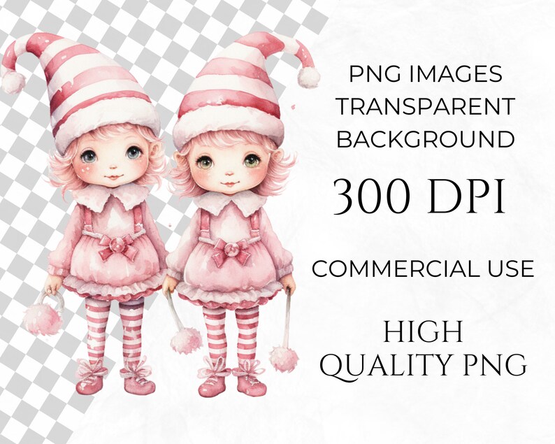 May include: Watercolor illustration of two adorable elf-like figures in pink outfits and striped hats. The image includes text: PNG Images, Transparent Background, 300 DPI, Commercial Use, High Quality PNG.