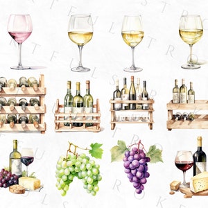 K&ouml;nnte beinhalten: Aquarell-Illustration von Weinartikeln, darunter Gl&auml;ser mit Rot- und Wei&szlig;wein, Weinflaschen, Trauben und Holzweinregale.