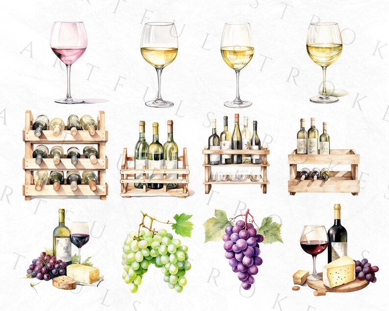 K&ouml;nnte beinhalten: Aquarell-Illustration von Weinartikeln, darunter Gl&auml;ser mit Rot- und Wei&szlig;wein, Weinflaschen, Trauben und Holzweinregale.