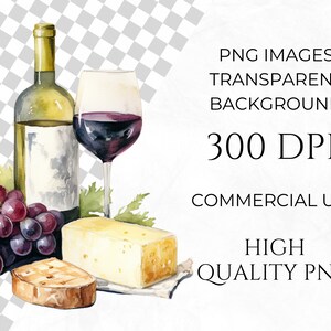 K&ouml;nnte beinhalten: Ein Aquarellbild einer Weinflasche, einem Glas Rotwein, einem St&uuml;ck K&auml;se, einer Scheibe Brot und einer Traube. Das Bild ist auf wei&szlig;em Hintergrund.