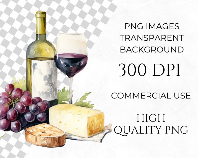 K&ouml;nnte beinhalten: Ein Aquarellbild einer Weinflasche, einem Glas Rotwein, einem St&uuml;ck K&auml;se, einer Scheibe Brot und einer Traube. Das Bild ist auf wei&szlig;em Hintergrund.