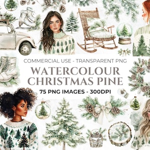 75 Clipart di pino natalizio ad acquerello, Clipart di alberi di Natale, Pacchetto PNG di Natale verde, Pigne, Natale accogliente, Clipart commerciale